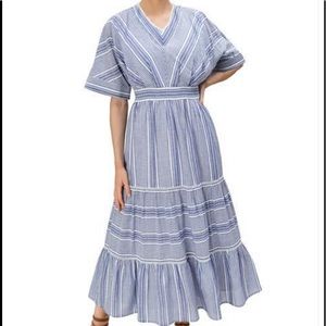 Stripe cotton voile lace trim tiered shirt dress..